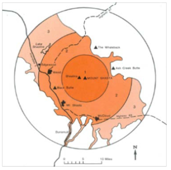 과거 1만 년 동안의 활동을 기초로 하여 제작된 샤스타 화산에서 발생 가능한 화쇄류와 라하르에 대한 재해위험도(Miller, 1980)