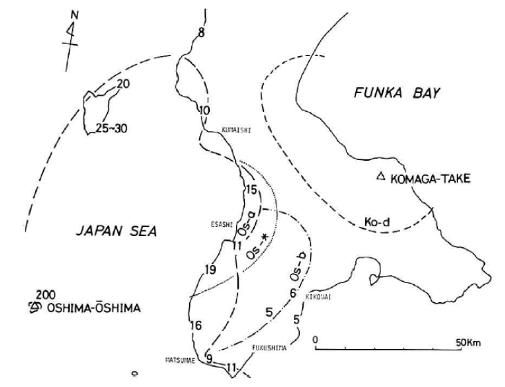 1741년의 분화에 대한 테프라 분포(Katsui and Yamamoto,1981)