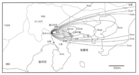 1707년 후지산 호우에이 분화의 강하물 퇴적상황 (일본내각부화산자료, 2011)