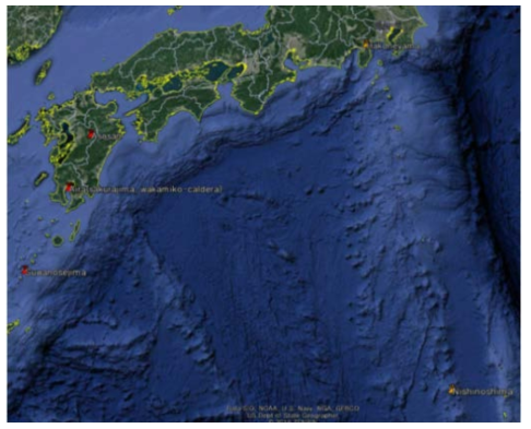 2016년 분화한 일본 화산의 위치