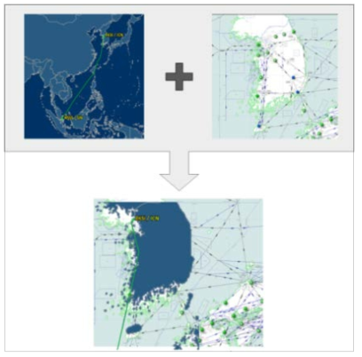 항공편의 항로와 국내 항로지도의 결합을 통한 항공로 추적 예시 (인천-싱가폴 OZ6783)