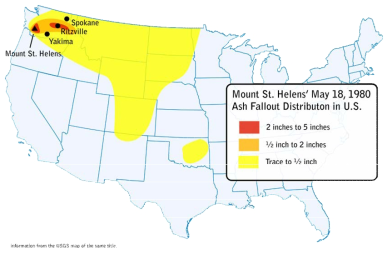 미국 세인트 헬렌즈(Saint Helens) 화산분화 시 발생된 화산재 분포도(USGS, 2009)