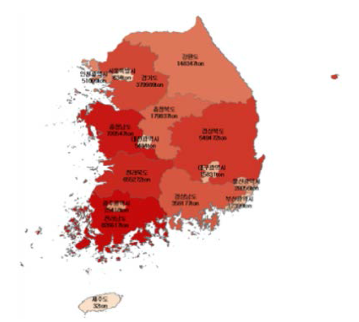 논벼(현백률 92.9%)의 지역별 생산량 분포 현황