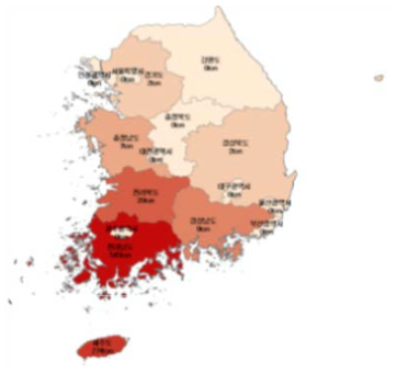 밭벼(현백률 92.9%)의 지역별 생산량 분포