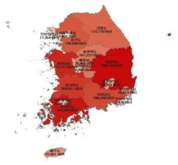 한우의 지역별 생산량 분포 현황