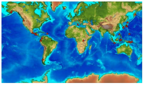 1973년 이래 항공기가 분출된 화산재와 마주친 이력이 있는 30곳의 화산 분출 위치(Guffanti, 2003)