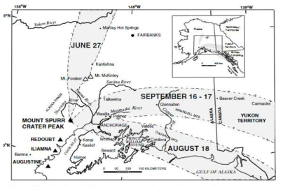 1992년 6월 27일, 8월 18일, 9월 16일-17일 기간에 분화한 Spurr 화산의 화산재 확산 범위