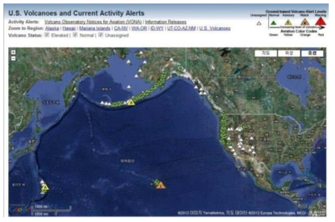 USGS의 화산재해 웹사이트
