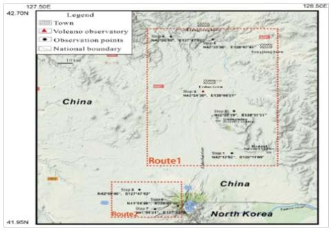 백두산 관측 및 분화 이력 현장조사 위치