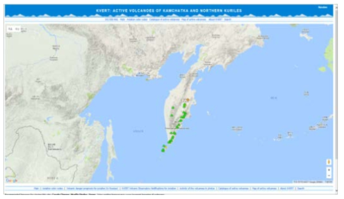 러시아 캄차카 반도의 화산 분포