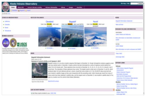 미국 알래스카 화산관측소 홈페이지 메인화면