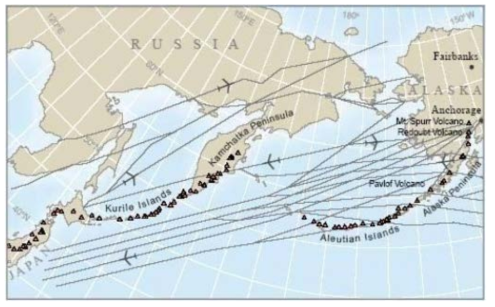 미국 알래스카 화산 분포도와 항공 경로 이미지