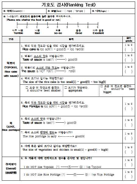 현지소비자 관능검사 용지