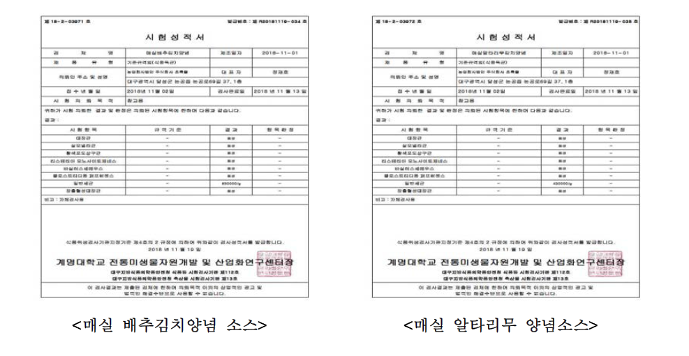 김치 양념 소스 관련 제품 미생물 분석 결과