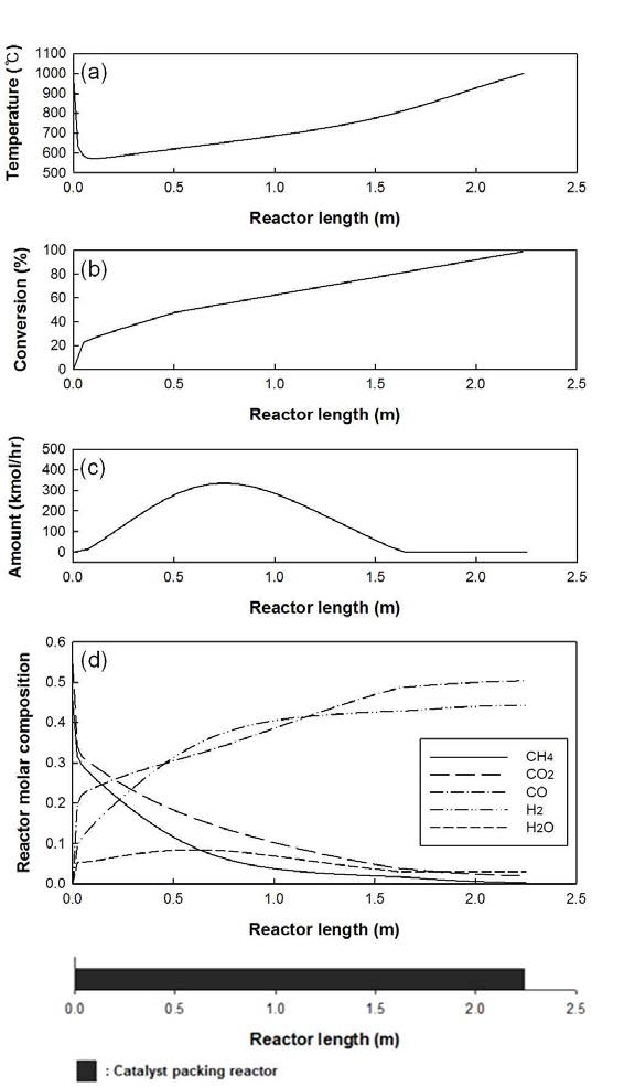 Profiles for the typical shell and tube type reformer: (a) temperature; (b) CH4 conversion; (c) amount of carbon generated; (d) composition