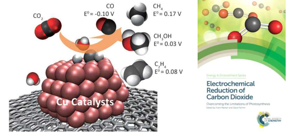 구리 촉매를 활용한 전기화학적 이산화탄소 전환 반응 경로 (좌) 및 책 표지 (우)