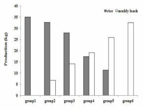 Production of M. anguillicaudatus and rice by relative rate of water area in eco-friendly farm.
