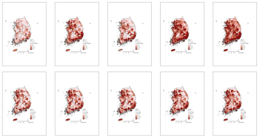 시군구별 인플루엔자(위)과 설사(아래) 입원 분포(2011, 2012, 2013, 2014, 2015)