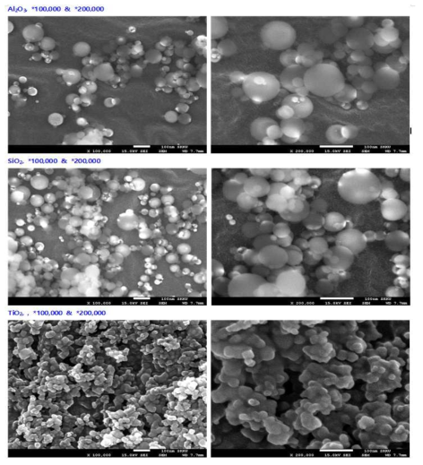 APTES로 처리된 (a) Al2O3, (b) TiO2, (c) SiO2의 SEM 이미지