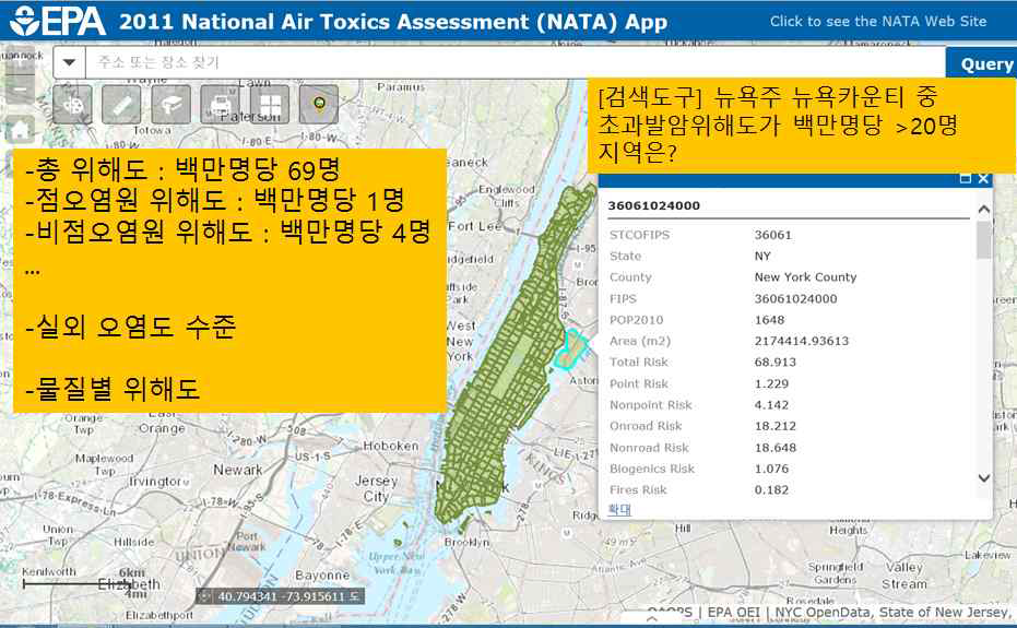 미국 NATA Map에서 유해대기오염물질 정보 검색 예