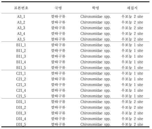 미동정 깔따구류 샘플 목록