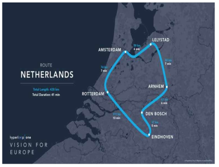 Hyperloop One Global Challenge 네덜란드 제안 노선 (최종경선 탈락)