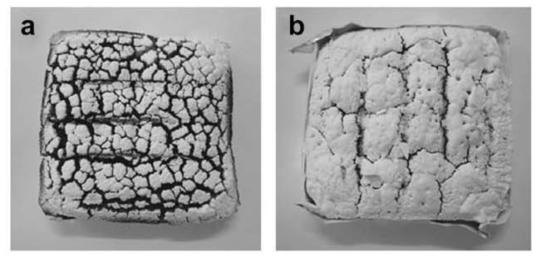 (a) 순수 실리콘 및 (b) 고령토 함유 실리콘의 Cone calorimeter 시험 후 형상