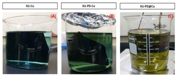 N1+CuSo4 : 왼쪽, N1-PD-Cu: 중간, N1-PD@Cu : 오른쪽)