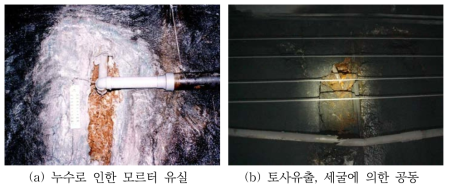 터널 구조물의 누수에 의한 모르터 유실