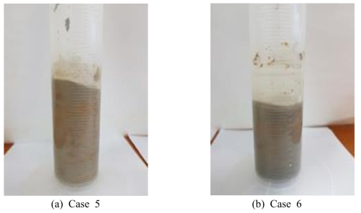 배합방법 및 시간에 따른 실링재 재료분리 현상 (a) Case 6 : 물, 벤토나이트 사전교반 (b) 물, 벤토나이트 및 시멘트 동시교반