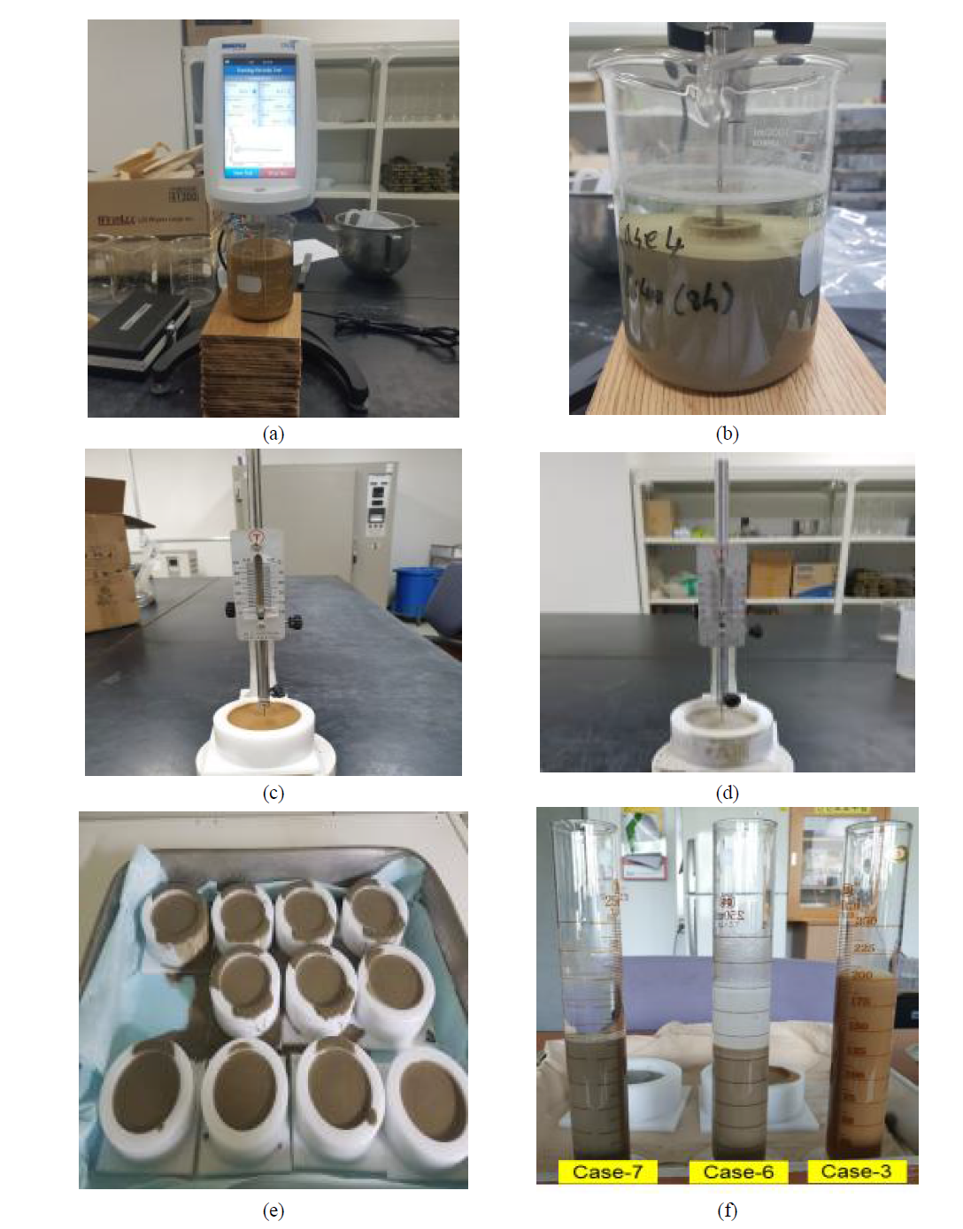 실링재 본 실험 전경 (a) Case 1 점도실험 전경 (b) Case 4의 재료분리 현황 (c) Case 1의 비카트침 초결실험 (d) Case 9의 비카트침 초결실험 (e) Case 5의 점도실험 준비과정 (f) 재료분리실험