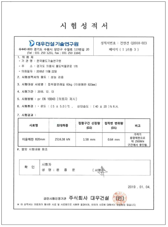 60 kg 레일용 접착절연레일 인장 시험 성적서(이음매판 길이 820 mm)