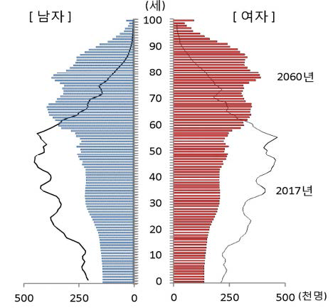 인구피라미드(2017년, 2060년) * 자료 : 2017년 고령자 통계. 2017. 통계청