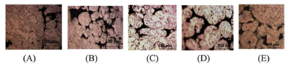 Specific Energy Density에 따른 증착된 막질의 미세 조직 (Optical micrographs of etched, polished sections parallel to the build directions): (A) 100 J/mm3, (B) 75 J/mm3, (C) 67 J/mm3, (D) 40 J/mm3 and (E) 13 J/mm3