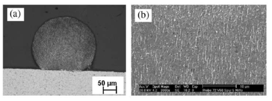 Fiber Laser 가 적용된 SLM 공정에 의해 제조된 Dense 한 Aluminium 합금 (A) Single Layer 증착 단면 광학 Image; (B) 미세조직의 SEM Image