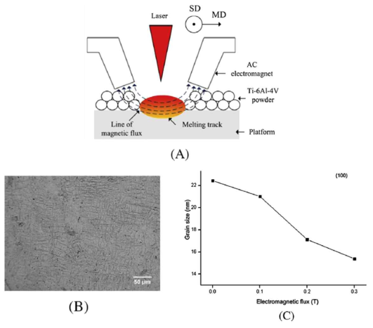 (A) Dual-Magnetic-Pole 을 이용하는 SLM 공정 (SD: scanning direction of laser; MD: movement direction of electromagnet). (B) SLM 제조된 Ti–6Al–4V 합금의 광학 Image. (C) Electromagnetic Flux Density 에 따른 평균 Grain 크기 변화