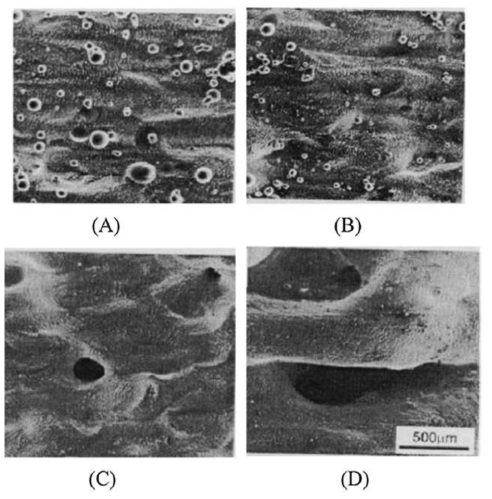 Laser에 의해 소결된 High Speed Steel Powder의 SEM Image (Laser Power : 50 W, Scan Rate : 5 mm/s, Scan Line Spacing : 0.15 mm). (A) As Supplied from Atomiser (Full Range Particle) (B) 53-150 um (C) >150 um (D) <38 um