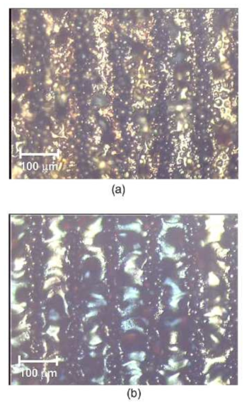 SLM 공정 (Titanium Powder) 후 Scan 영역의 광학 이미지 (a) CW Laser 이용 (3 W average power) (b) Pulsed Laser 이용 (2 W average power). CW Laser 의 경우 Scan 영역의 형상이 더 균일함