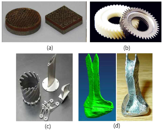 Additive Manufacturing 의 응용분야 (a) Functionally Graded Material (Steel 과 Cu), (b) Rapid Tooling, (C) Defence 분야 및 (d) 의료 분야 (Pig Jaw Bone)