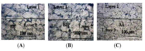 Powder 층 두께에 따른 제품의 미세구조 변화 (a) 1mm 두께 (b) 0.25 mm 두께 (c) 0.25 mm 두께