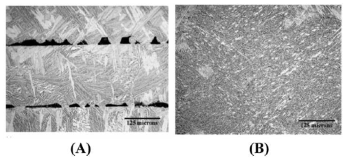 Substrate Remelting에 따른 층간 미세조직 및 Void 상태 (Ti-6Al-4V Powder를 이용한 SLM 제품) (A) 불충분한 Substrate Remelting (B) 충분한 Substrate Remelting