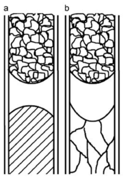 (a) 볼록한 성장 계면 (b) 오목한 성장 계면