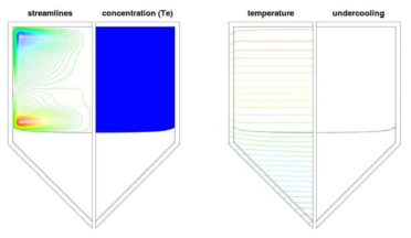 정상상태에서 계면에서의 streamlines, Te 농도, 온도, undercooling 정도를 나타낸 시뮬레이션 결과