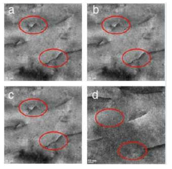 in-situ TEM으로 측정한 온도에 따른 마이크로 twin, stacking fault 결함의 상태 변화 (a) 100°C (b) 200°C (c) 275°C (d) 325°C