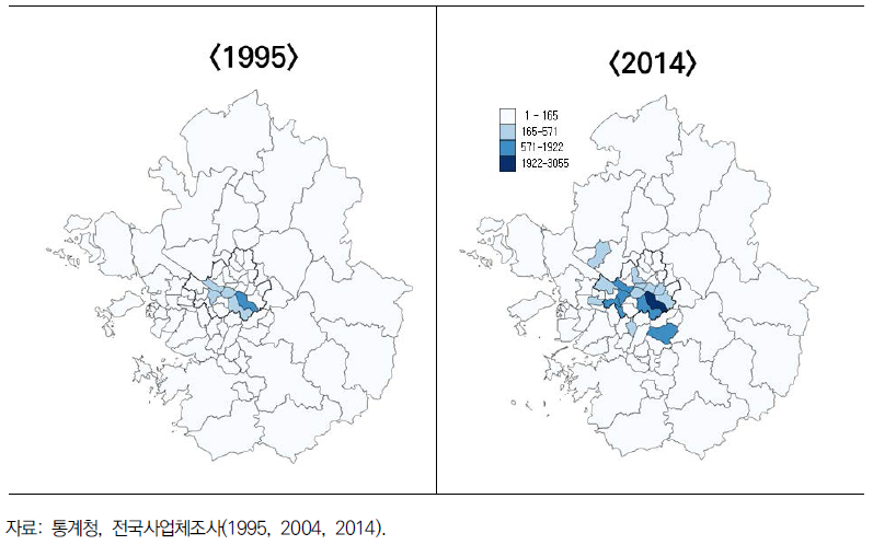 1995~2014년 수도권의 ICT업종 사업체 분포