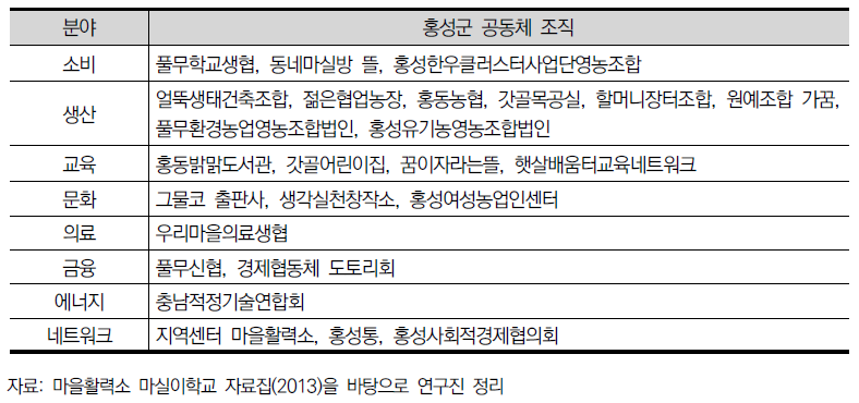 홍동면의 분야별 공동체 조직 현황