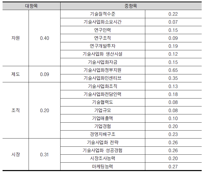 기술사업화 성공요인의 상대적 중요도