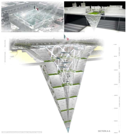멕시코시티에 조성 예정중인 지하 65층 건물 조감도
