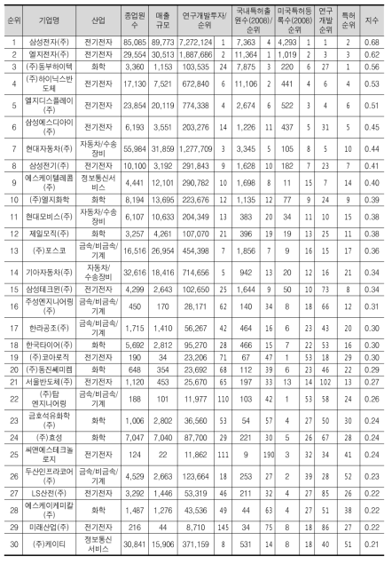 연구개발특허지수 상위 30위 기업