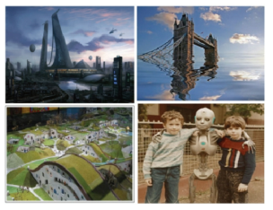 네 가지 미래 이미지(왼쪽 위부터 시계 방향으로 계속성장사회, 붕괴사회, 변형사회, 그리고 보존사회)